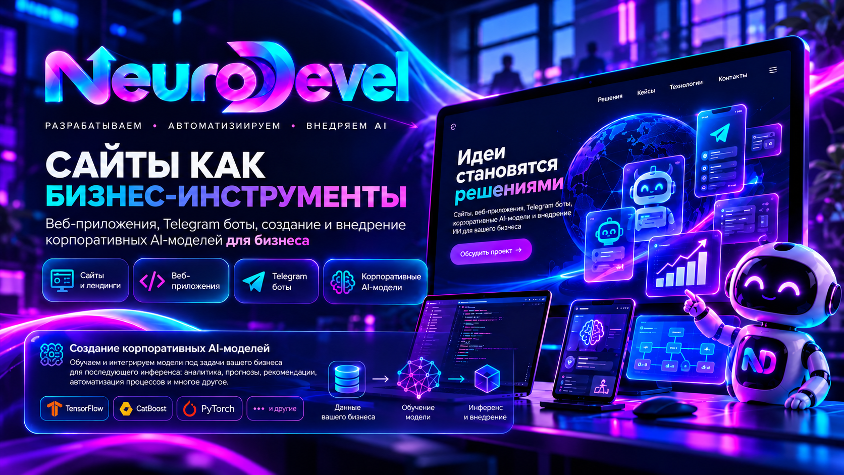 NeuroDevel: сайты как бизнес-инструменты, веб-приложения, Telegram-боты, корпоративные AI-модели